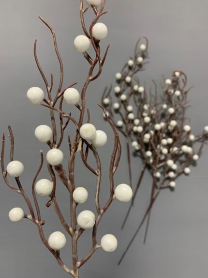 Штучні ягідки на коричневому стеблі білі глазуровані 30 см. 02-17. - Штучні ягоди та плоди