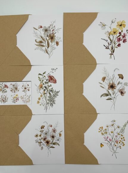 Листівки з акварельним принтом, з крафт конвертами та наліпками, набір 6 шт. - Конверти