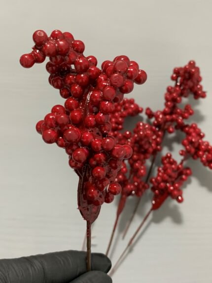 Штучні ягідки на стеблі червоні лакові 20 см. H16. - Штучні ягоди та плоди